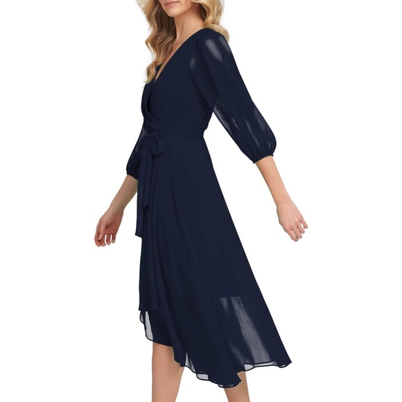 DKNY Chiffon Dress Puff Sleeve Navy Faux Wrap Belted Fit n Flare NWT Size 6 $139 - Picture 3 of 6